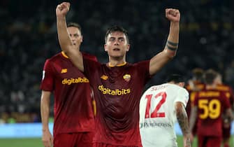 ROME, Italy - 30.08.2022: Paulo Dybala (AS ROMA) score the goal 2-0 and celebrates  during the Italian TIM Serie A football match between AS Roma VS Monza Calcio at Olympic stadium in Rome.