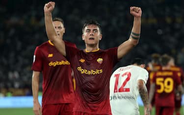 ROME, Italy - 30.08.2022: Paulo Dybala (AS ROMA) score the goal 2-0 and celebrates  during the Italian TIM Serie A football match between AS Roma VS Monza Calcio at Olympic stadium in Rome.
