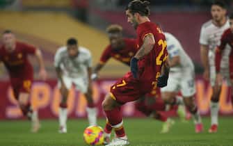 ROME, Italy - 06.01.2022:  SERGIO OLIVEIRA (ROMA) SCORE THE PENALTY AND CELEBRATES  during the Italian Serie A football match between SS AS ROMA VS CAGLIARI at Olympic stadium in Rome.
