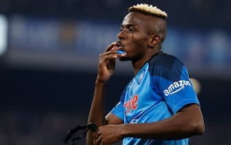 Victor Osimhen of Napoli celebrates after scores   during  SSC Napoli vs Juventus FC, italian soccer Serie A match in Naples, Italy, January 13 2023