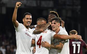 Roma's Bryan Cristante jubilates after scoring the goal during the Italian Serie A soccer match US Salernitana vs AS Roma at the Arechi stadium in Salerno, Italy, 14 August 2022.ANSA/MASSIMO PICA