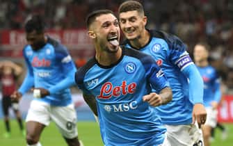 Napoli’s Matteo Politano  jubilates after scoring  on penalty goal of 0 to 1  during the Italian serie A soccer match between AC Milan and Napoli  at Giuseppe Meazza stadium in Milan, 18 September 2022.
ANSA / MATTEO BAZZI