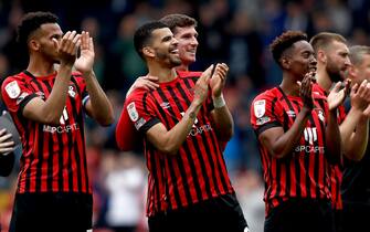 Bournemouth's Dominic Solanke (centre) reacts while applauding supporters after the Sky Bet Championship match at Ewood Park, Blackburn. Picture date: Saturday April 30, 2022.
