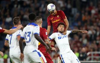 ROME, Italy - 09.10.2022: Chris Smalling (AS ROMA) score the goal 1-0 and celebrates during the Italian TIM Serie A football match between AS Roma VS Lecce  at Olympic stadium in Rome.
