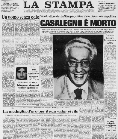 La prima pagina de "La Stampa" dà la notizia della morte del suo vicedirettore La Stampa