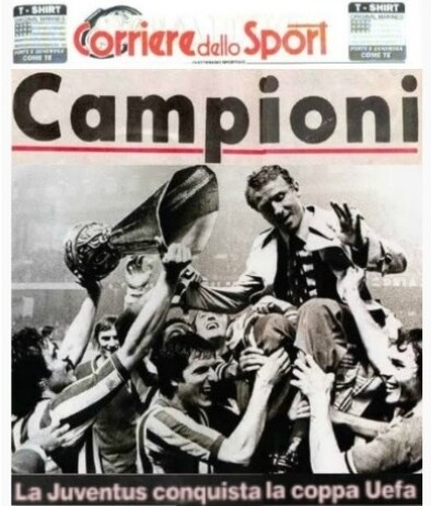 18 maggio 1977: la Juve vince la sua prima competizione internazionale, la Coppa Uefa, superando nella doppia finale l'Athletic Bilbao Juve vittoriosa in Coppa Campioni