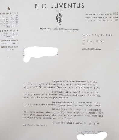 7 luglio 1970: la lettera inviata dalla Juventus ai suoi tesserati Documento Juve