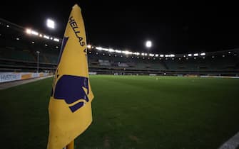A general view showing a Hellas Verona branded corner flag during the Serie A match at Stadio Marcantonio Bentegodi, Verona. Picture date: 27th February 2021. Picture credit should read: Jonathan Moscrop/Sportimage via PA Images