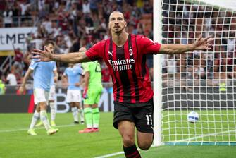 AC Milan's forward Zlatan Ibrahimovi? jubilate after the goal during the Italian Serie A soccer match AC Milan vs Lazio at the Giuseppe Meazza Stadium in Milan, Italy, 12 September 2021. ANSA / ROBERTO BREGANI