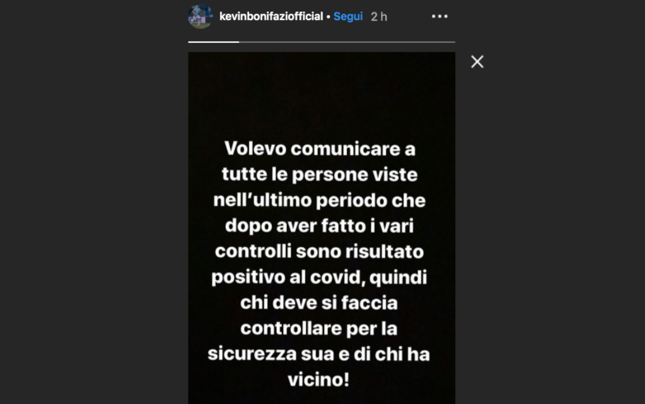 La "storia" Instagram pubblicata da Kevin Bonifazi La "storia" Instagram pubblicata da Kevin Bonifazi