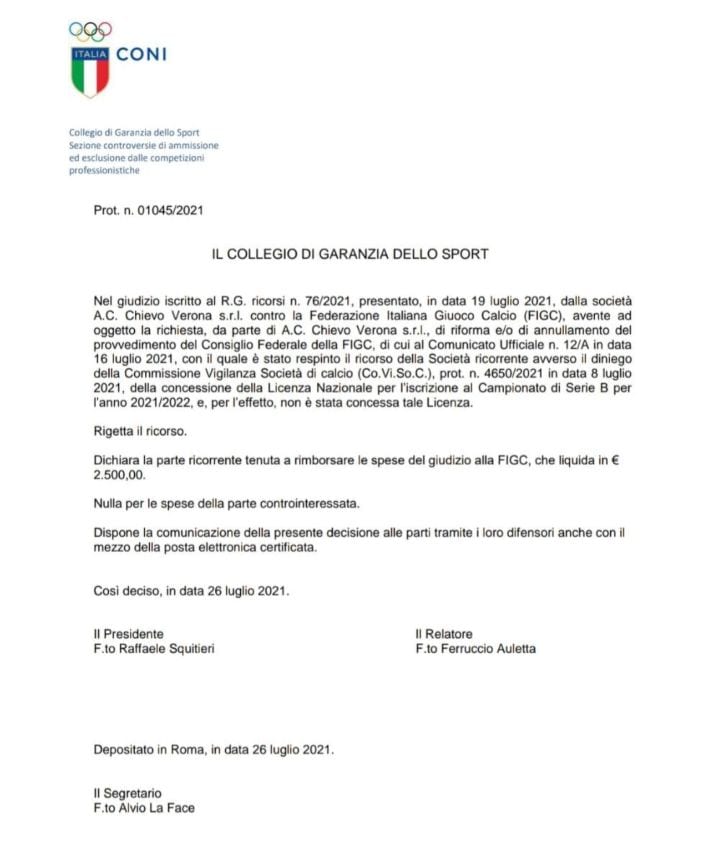 La decisione del Collegio di garanzia del Coni