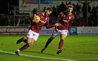 ARBROATH, SCOTLAND - FEBRUARY 09: Arbroath's Michael McKenna makes it 2-2 during a cinch Championship match between Arbroath and Hamilton Accies at Gayfield Park, on February 09, 2022, in Arbroath, Scotland.  (Photo by Bruce White/SNS Group via Getty Images)