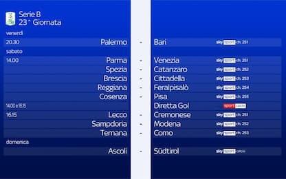 Serie B, la 23^ giornata: tutte le gare su Sky