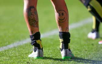 WATFORD, ENGLAND - SEPTEMBER 27:  Tattoos on the legs of Alessandro Diamanti of Watford during the Barclays Premier League match between Watford and Crystal Palace at Vicarage Road on September 27, 2015 in Watford, United Kingdom.  (Photo by Catherine Ivill - AMA/Getty Images)