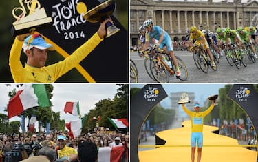 A combination of pictures shows (From L, up to bottom) Tour de France 2014's winner Italy's Vincenzo Nibali posing on the podium ; Italy's Vincenzo Nibali wearing the overall leader's yellow jersey riding in the pack ; Tour de France 2014's winner Italy's Vincenzo Nibali with supporters ; and Tour de France 2014's winner Italy's Vincenzo Nibali posing on the podium; as part of the 137.5 km twenty-first and last stage of the 101st edition of the Tour de France cycling race on July 27, 2014 between Evry and Paris. AFP PHOTO / LIONEL BONAVENTURE / ERIC FEFERBERG / JEFF PACHOUD / JEROME PREVOST (Photo credit should read JEFF PACHOUD,LIONEL BONAVENTURE,JEROME PREVOST,ERIC FEFERBERG/AFP via Getty Images)