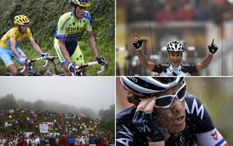 452065824 A combination of pictures shows (From L, Up to bottom) Italy's Vincenzo Nibali (L) wearing the overall leader's yellow jersey and Spain's Alberto Contador riding ; France's Blel Kadri crossing the finish line ; fans pictured along the road ; and France's Sylvain Chavanel riding in a breakaway ; as part of the 161 km eighth stage of the 101st edition of the Tour de France cycling race on July 12, 2014 between Tomblaine and Gerardmer La Mauselaine, eastern France. AFP PHOTO / LIONEL BONAVENTURE / ERIC FEFERBERG / LIONEL BONAVENTURE / JEFF PACHOUD (Photo credit should read LIONEL BONAVENTURE,ERIC FEFERBERG,JEFF PACHOUD/AFP via Getty Images)