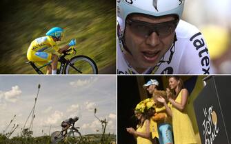 452728588 A combination of pictures shows (From L, up to bottom) Italy's Vincenzo Nibali wearing the overall leader's yellow jersey riding ; Germany's Tony Martin crossing the finish line ; France's Jean-Christophe Peraud riding ; and Italy's Vincenzo Nibali celebrating his overall leader's yellow jersey ; during the twentieth stage, a 54 km individual time trial, as part of the 101st edition of the Tour de France cycling race on July 26, 2014 between Bergerac and Perigueux, western France. AFP PHOTO / LIONEL BONAVENTURE /ERIC FEFERBERG /JEFF PACHOUD / JEFF PACHOUD (Photo credit should read ERIC FEFERBERG,JEFF PACHOUD,LIONEL BONAVENTURE/AFP via Getty Images)
