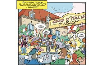 Una vignetta del numero 3.363 del fumetto Topolino che ospiterà una storia dedicata al Giro d'Italia la cui 103/a edizione avrà luogo ad Ottobre, Roma, 6 maggio 2020. ANSA/UFFICIO STAMPA GOIGEST