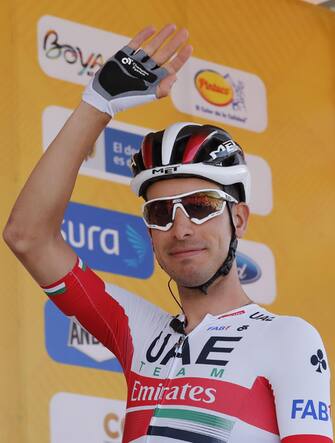 epa08223128 Italian cyclist Fabio Aru of the UAE Team Emirates before the sixth stage of the Tour Colombia, between Zipaquira and El Verjon, Colombia, 16 February 2020.  EPA/Mauricio Duenas Castaneda