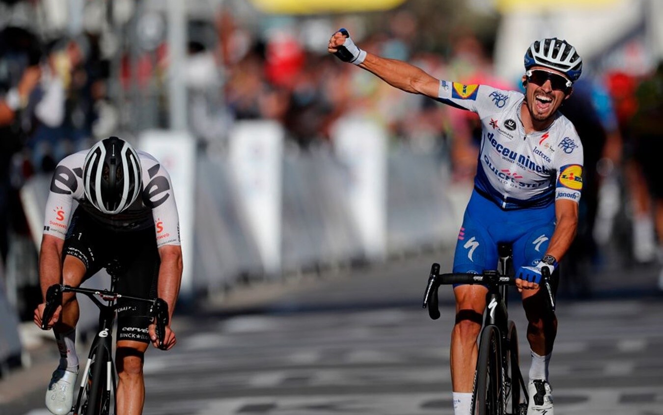 La gioia di Julian Alaphilippe sul traguardo di Nizza La gioia di Julian Alaphilippe sul traguardo di Nizza
