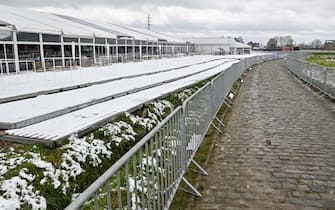 Illustration picture shows snow at a cobblestone sector during a training session on the track of the Ronde van Vlaanderen cycling race, Friday 01 April 2022. The 106th edition of the cycling race will take place on Easter Sunday 03 April. BELGA PHOTO DIRK WAEM (Photo by DIRK WAEM/Belga/Sipa USA)