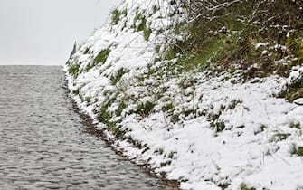 Illustration picture shows snow at a cobblestone sector during a training session on the track of the Ronde van Vlaanderen cycling race, Friday 01 April 2022. The 106th edition of the cycling race will take place on Easter Sunday 03 April. BELGA PHOTO DIRK WAEM (Photo by DIRK WAEM/Belga/Sipa USA)