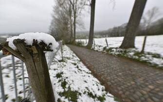 Illustration picture shows snow at the Koppenberg during a training session on the track of the Ronde van Vlaanderen cycling race, Friday 01 April 2022. The 106th edition of the cycling race will take place on Easter Sunday 03 April. BELGA PHOTO DIRK WAEM (Photo by DIRK WAEM/Belga/Sipa USA)