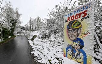 Illustration picture shows snow and a poster reading 'Maarkedal is KoerGek - Philippe Gilbert', at the Kortekeer during a training session on the track of the Ronde van Vlaanderen cycling race, Friday 01 April 2022. The 106th edition of the cycling race will take place on Easter Sunday 03 April. BELGA PHOTO DIRK WAEM (Photo by DIRK WAEM/Belga/Sipa USA)
