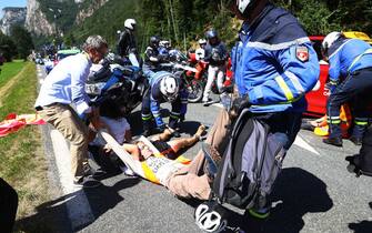 MEGEVE, FRANCE - JULY 12: Protesters in defending "Mont Blanc environment" block the route during the 109th Tour de France 2022, Stage 10 a 148,1km stage from Morzine to Megève 1435m / #TDF2022 / #WorldTour / on July 12, 2022 in Megeve, France. (Photo by Michael Steele/Getty Images)