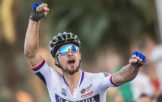 epa05587844 Slovakian rider Peter Sagan celebrates after crossing the finish line to win the men's elite road race over 257.5km of the 2016 UCI Road Cycling World Championships in Qatar, Doha, 16 October 2016.  EPA/OLIVER WEIKEN