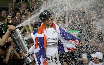 ABU DHABI, UNITED ARAB EMIRATES - NOVEMBER 23:  Lewis Hamilton of Great Britain and Mercedes GP celebrates with his team after winning the World Championship after the Abu Dhabi Formula One Grand Prix at Yas Marina Circuit on November 23, 2014 in Abu Dhabi, United Arab Emirates.  (Photo by Clive Mason/Getty Images)