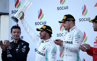 BAKU, AZERBAIJAN - APRIL 28: Second placed Lewis Hamilton of Great Britain and Mercedes GP celebrates on the podium during the F1 Grand Prix of Azerbaijan at Baku City Circuit on April 28, 2019 in Baku, Azerbaijan. (Photo by Charles Coates/Getty Images)