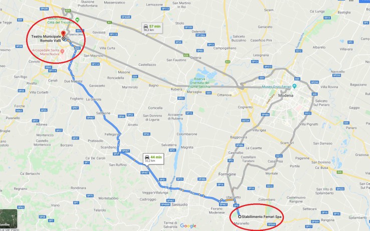 La distanza dallo Stabilimento di Maranello al Teatro Romolo Valli (Google Street) La distanza dallo Stabilimento di Maranello al Teatro Valli (Google Street)