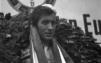 Jackie Stewart, Matra-Ford MS10, Grand Prix of Germany, Nurburgring, 04 August 1968. Jackie Stewart on the podium after his great victory in the 1968 German Grand Prix at the Nürburgring. (Photo by Bernard Cahier/Getty Images)