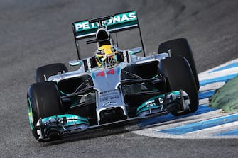 JEREZ DE LA FRONTERA, SPAIN - JANUARY 28:  Lewis Hamilton of Great Britain and Mercedes GP drives the new W05 during day one of Formula One Winter Testing at the Circuito de Jerez on January 28, 2014 in Jerez de la Frontera, Spain.  (Photo by Mark Thompson/Getty Images)