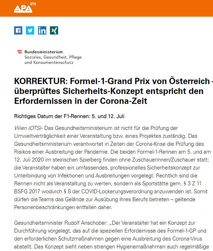 F1 | GP d’Austria 2020: c’è il sì del Ministero della Salute F1 | GP d’Austria 2020: c’è il sì del Ministero della Salute