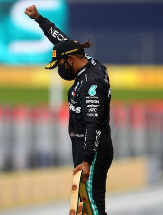 SPIELBERG, AUSTRIA - JULY 12: Lewis Hamilton of Great Britain and Mercedes GP celebrates on the podium after winning the Formula One Grand Prix of Styria at Red Bull Ring on July 12, 2020 in Spielberg, Austria. (Photo by Bryn Lennon/Getty Images)