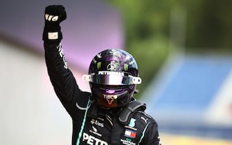 SPIELBERG, AUSTRIA - JULY 12: Lewis Hamilton of Great Britain and Mercedes GP celebrates in parc ferme after winning the Formula One Grand Prix of Styria at Red Bull Ring on July 12, 2020 in Spielberg, Austria. (Photo by Mark Thompson/Getty Images)