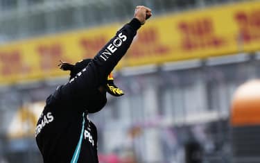 SPIELBERG, AUSTRIA - JULY 12: Lewis Hamilton of Great Britain and Mercedes GP celebrates on the podium after winning the Formula One Grand Prix of Styria at Red Bull Ring on July 12, 2020 in Spielberg, Austria. (Photo by Leonhard Foeger/Pool via Getty Images)
