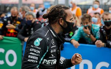 HUNGARORING, HUNGARY - JULY 19: Race winner Lewis Hamilton, Mercedes-AMG Petronas F1 celebrates in Parc Ferme during the Hungarian GP at Hungaroring on Sunday July 19, 2020 in Budapest, Hungary. (Photo by Steven Tee / LAT Images)