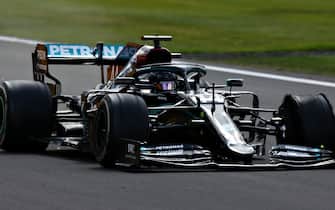 NORTHAMPTON, ENGLAND - AUGUST 02: Lewis Hamilton of Great Britain driving the (44) Mercedes AMG Petronas F1 Team Mercedes W11 on the last lap with a puncture during the F1 Grand Prix of Great Britain at Silverstone on August 02, 2020 in Northampton, England. (Photo by Peter Fox/Getty Images)