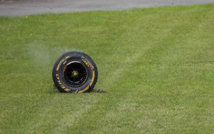 2020 Belgian GP SPA-FRANCORCHAMPS, BELGIUM - AUGUST 30: Tyre of Antonio Giovinazzi, Alfa Romeo Racing C39, after a collision with the barrier during the Belgian GP at Spa-Francorchamps on Sunday August 30, 2020 in Spa, Belgium. (Photo by Zak Mauger / LAT Images)