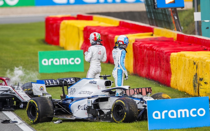 2020 Belgian GP SPA-FRANCORCHAMPS, BELGIUM - AUGUST 30: George Russell, Williams FW43 and Antonio Giovinazzi, Alfa Romeo Racing C39, both start to exit their cars after a collision on track during the Belgian GP at Spa-Francorchamps on Sunday August 30, 2020 in Spa, Belgium. (Photo by Zak Mauger / LAT Images)