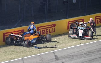 MUGELLO CIRCUIT, ITALY - SEPTEMBER 13: Carlos Sainz, McLaren MCL35 anDrivers Kevin Magnussen, Haas VF-20 crash during the Tuscany GP at Mugello Circuit on Sunday September 13, 2020, Italy. (Photo by Steven Tee / LAT Images)