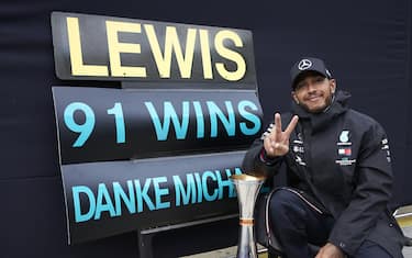 NÃ¼RBURGRING, GERMANY - OCTOBER 11: Lewis Hamilton, Mercedes-AMG Petronas F1, 1st position, celebrates after securing his 91st F1 race win, equalling the record of Michael Schumacher during the Eifel GP at NÃ¼rburgring on Sunday October 11, 2020, Germany. (Photo by Steve Etherington / LAT Images)