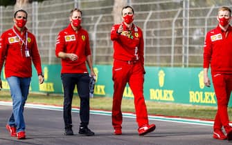IMOLA, ITALY - OCTOBER 30: Sebastian Vettel, Ferrari, walks the track with Ferrari team mates during the Emilia-Romagna GP at Imola on Friday October 30, 2020, Italy. (Photo by Andy Hone)