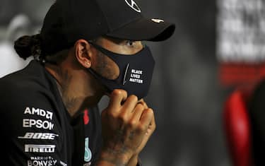 IMOLA, ITALY - OCTOBER 31: Lewis Hamilton, Mercedes-AMG Petronas F1, in the post Qualifying Press Conference during the Emilia-Romagna GP at Imola on Saturday October 31, 2020, Italy. (Copyright Free for Editorial Use Only. Credit: FIA Pool)