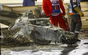 BAHRAIN INTERNATIONAL CIRCUIT, BAHRAIN - NOVEMBER 29: Wreckage of the car of Romain Grosjean, Haas VF-20, after his huge crash during the Bahrain GP at Bahrain International Circuit on Sunday November 29, 2020 in Sakhir, Bahrain. (Photo by Andy Hone / LAT Images)