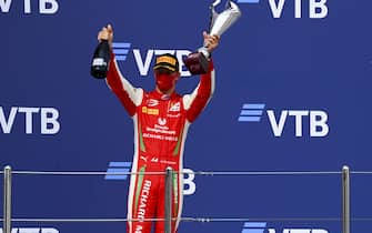 2020 Sochi SOCHI AUTODROM, RUSSIAN FEDERATION - SEPTEMBER 26: Race Winner Mick Schumacher (DEU, PREMA RACING) celebrates on the podium with the champagne and the trophy at Sochi Autodrom on Saturday September 26, 2020 in Sochi, Russian Federation. (Photo by Mark Sutton / Sutton Images)