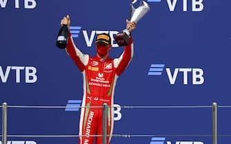 SOCHI AUTODROM, RUSSIAN FEDERATION - SEPTEMBER 26: Race Winner Mick Schumacher (DEU, PREMA RACING) celebrates on the podium with the champagne and the trophy at Sochi Autodrom on Saturday September 26, 2020 in Sochi, Russian Federation. (Photo by Mark Sutton / Sutton Images)